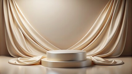 Canvas Print - Empty round podium with flowing fabric on beige background, podium, empty, round, flying, fabric, beige, background