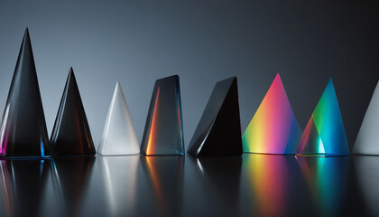 Poster - Nine glass pyramids of various colors are arranged in a row, reflecting on a smooth, dark surface