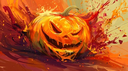 Poster - scary pumpkin with water color splash on white background