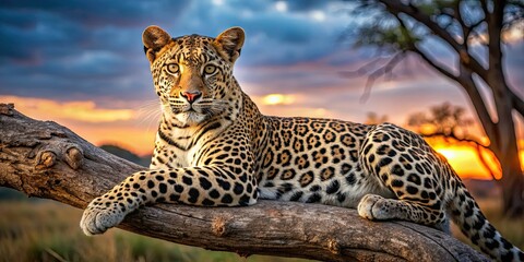 Canvas Print - Elegant leopard with piercing eyes resting on a tree branch in twilight , Leopard, elegant, wildlife, predator, eyes, tree branch