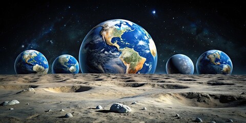 Wall Mural - earth globes viewed from moon's surface lunar landscape panorama, earth, globes, moon's surface, lun