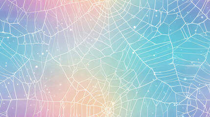 Intricate spider web pattern overlaying a soft, pastel rainbow gradient with sparkling accents in abstract background