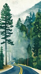 Wall Mural - A winding road disappears into a misty forest, with tall pine trees lining the way