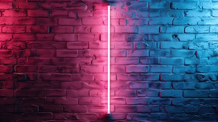 Poster - A visually appealing image highlighting a vertical neon light tube, casting vibrant pink and blue hues over a textured brick wall, creating a modern artistic aesthetic.