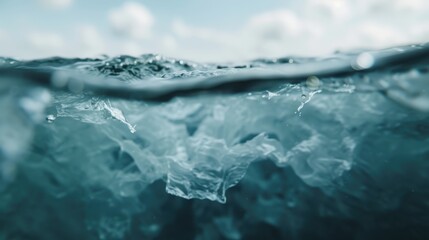 Poster - A captivating partial underwater view of the ocean water surface, showcasing the intricate texture, movements, and light play on and beneath the water's surface.