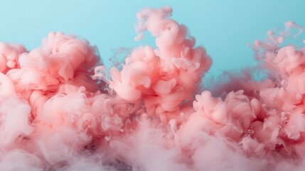 Poster - A mesmerizing scene of pink smoke clouds swirling against a vivid blue background, creating an ethereal and dreamy atmosphere perfect for artistic imagery.