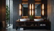 © Heruvim - Dark bathroom with double sinks and vertical lighting