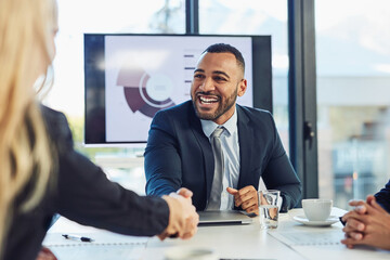 Wall Mural - Business, meeting and hand shake or happy people in office, teamwork and collaboration with employee. Thank you, company negotiation and gesture for onboarding, statistical analyst and job agreement