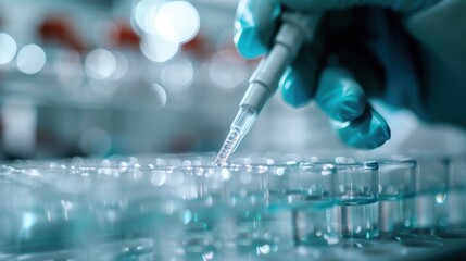 Poster - A technician's gloved hand uses a pipette to work with test tubes in a scientific lab, exemplifying procedures and experiments conducted in a controlled laboratory environment.