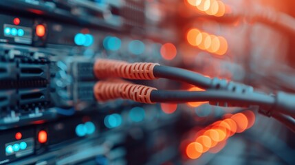 Poster - Multiple network cables securely plugged into the server racks, glowing with vibrant orange lights, illustrating the heartbeat of a modern-day data center and connectivity.