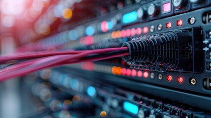 Poster - An array of data center servers connected through red cables, highlighted by LED indicators, showing the intricate setup essential for data management and internet services.