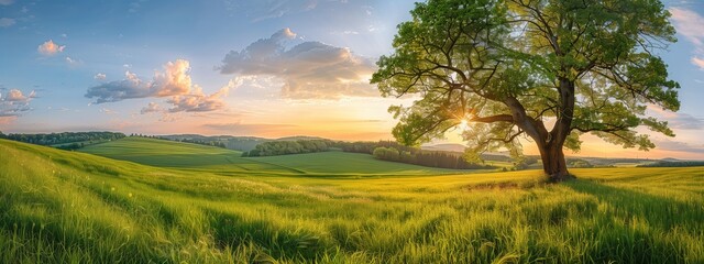 Wall Mural - Beautiful summer landscape with a green field and tree at sunset