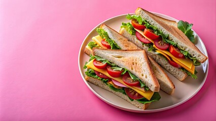 Poster - Freshly made sandwiches with tomatoes on a plate against a pink background, delicious, appetizing, gourmet, lunch