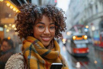 Commute Reading: Businesswoman Smiling at Phone Message en Route to City Office