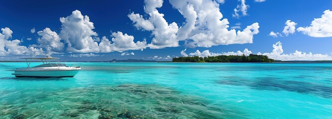 Poster - Beautiful turquoise ocean with a white boat and blue sky panorama in a tropical island,