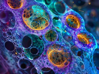 Poster - Abstract Colorful Organic Structure, Intricate Network of Bubbles and Membranes, Illuminated with Vibrant Hues