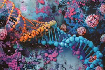 Wall Mural - abstract dna double helix structure with colorful blobs and floral motifs