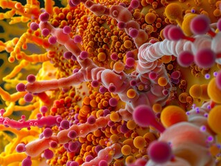 Wall Mural - abstract microstructure with bright orange and pink spheres, branching tendrils, and fuzzy texture