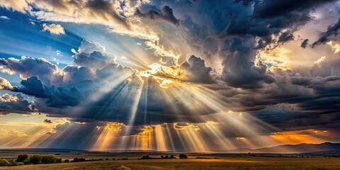 Wall Mural - Dramatic landscape with crepuscular rays piercing through the clouds, sunbeams, sunlight, dramatic, landscape, sky, clouds