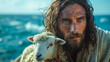 © Design Resources - A depiction of Jesus by the ocean, with striking blue eyes, gently cradling a baby lamb.