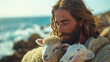 © Design Resources - A depiction of Jesus by the ocean, with striking blue eyes, gently cradling a baby lamb.
