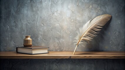 Canvas Print - Feather and book next to a table with a shelf on the wall, feather, book, table, shelf, wall, education, reading, writing