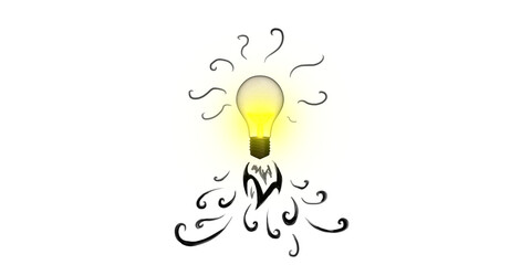 Poster - An illuminated light bulb with decorative swirls on white background, symbolizing creativity and ideas