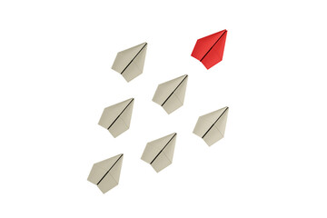 Aufkleber - Multiple paper airplanes on a white background, one red among white ones, representing the concept of uniqueness or leadership. 3D Rendering