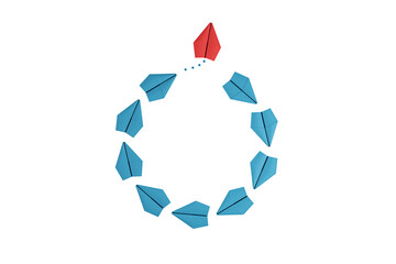 Poster - Blue paper planes forming a circular pattern around a red paper plane, on a white background, depicting concept of leadership or uniqueness. 3D Rendering