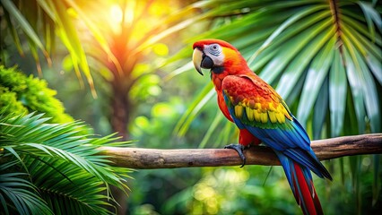 Sticker - Colorful parrot sitting on a branch in a tropical jungle setting, parrot, bird, colorful, feathers, beak, wings, branch, tropical