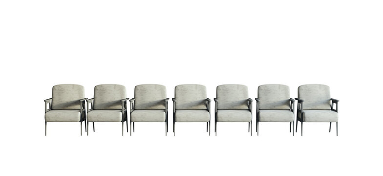 A row of modern grey armchairs on a clean white background, representing a concept of minimalist furniture design. 3D Rendering