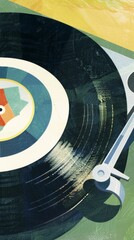 Wall Mural - A colorful vintage vinyl record on a turntable, surrounded by geometric shapes