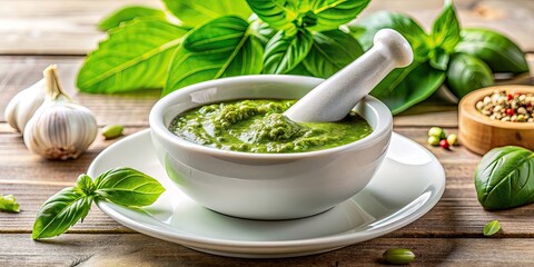 Poster - Fresh basil pesto sauce on a white plate with a mortar and pestle, basil, pesto, sauce, green, fresh, herbs