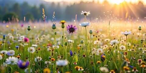 Wall Mural - Dew-covered wildflowers in a meadow, wildflower, dew, morning, nature, plant, outdoors, freshness, growth, green, beauty, vibrant