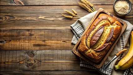 Sticker - Freshly baked banana bread on a rustic wooden table, homemade, delicious, sweet, baked goods, breakfast, snack