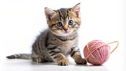 Canvas Print - Cute baby kitten playing with a ball of yarn on a white background, kitten, cat, pet, adorable, playful, furry, small, furry