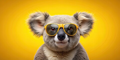 Canvas Print - Funny and cute koala bear wearing sunglasses posing in front of a vibrant yellow background, koala, bear, sunglasses, cute