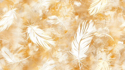 Poster - White feathers floating on a golden textured background, creating a serene and elegant atmosphere