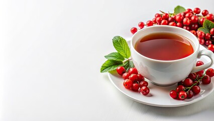 Poster - Cup of tea with red berries on white background, tea, cup, berries, red, drink, herbal, hot, beverage, season, refreshing