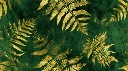 Poster - Luxurious and natural aesthetic: seamless golden fern leaves pattern on a green grunge background