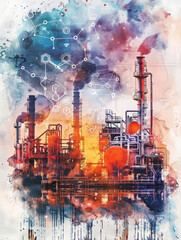 Poster - Stylized Watercolor Graphic Depicting the Concept of Industrial Internet of Things IIoT with Various Connected Devices,Sensors,and Data Automation Technology - Stylized Watercolor Graphic Depicting th