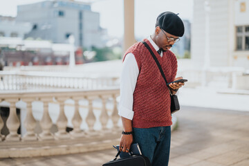 Wall Mural - A fashionable man wearing a beret and glasses focused on his mobile phone, carrying a bag outdoors in an urban setting.