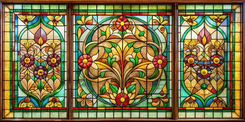 Canvas Print - Colorful vintage stained glass window with Art Nouveau decoration, stained glass, colorful, vintage, window