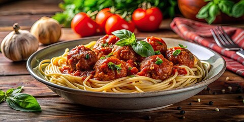 Poster - Delicious spaghetti with savory meatballs and rich marinara sauce , Italian cuisine, pasta, comfort food