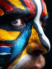 Sticker - Exciting rugby union match scene at the Commonwealth Games,featuring dynamic players in action on the field along with vibrant Australian face painting patterns and design elements in the background. 