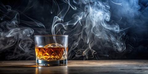 Sticker - Elegant glass of whisky with smoke on a minimal background, creating a cool and sophisticated atmosphere , whisky, glass