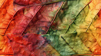 Poster - Macro photograph highlighting the veins of colorful autumn leaves