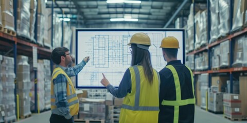 Canvas Print - Group of professional warehouse worker working together while planning and looking at monitor. Smart engineer team talking about shipping plan while checking at storage. Industrial concept. AIG42.