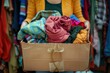 © Ольга Лукьяненко - Volunteer hands holding a clothes donation box filled with clothing items of all colors