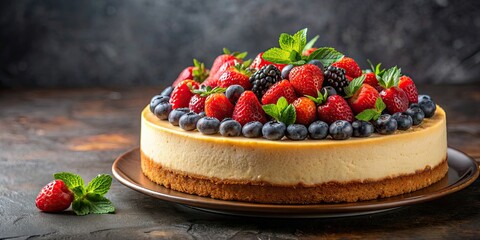 Canvas Print - Delicious cheese cake topped with fresh berries , dessert, sweet, indulgent, creamy, baked, pastry, gourmet, delicious